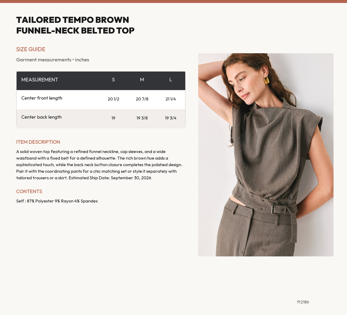TAILORED TEMPO BROWN FUNNEL-NECK BELTED TOP size chart