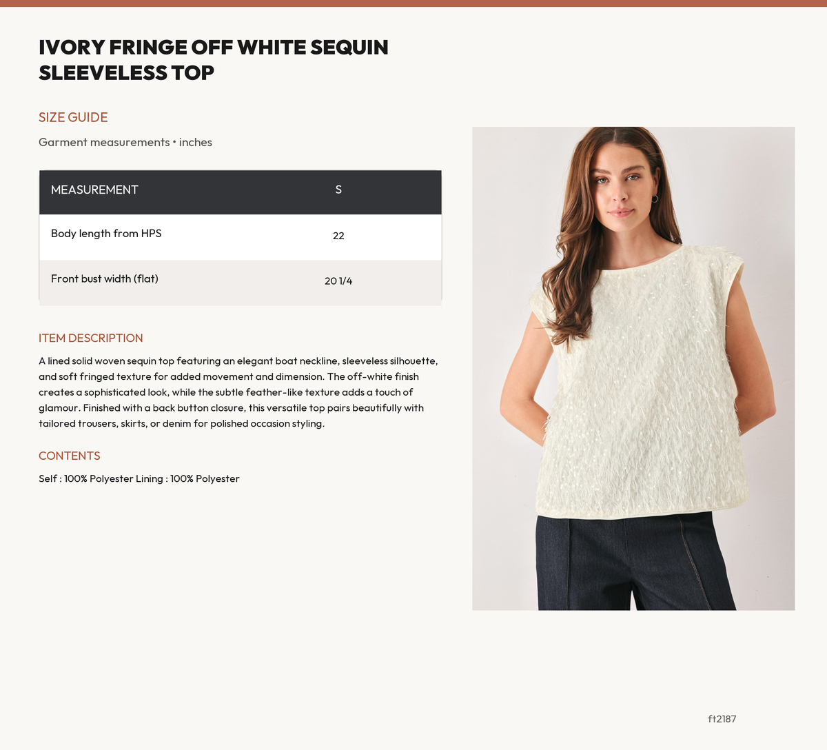 IVORY FRINGE OFF WHITE SEQUIN SLEEVELESS TOP size chart