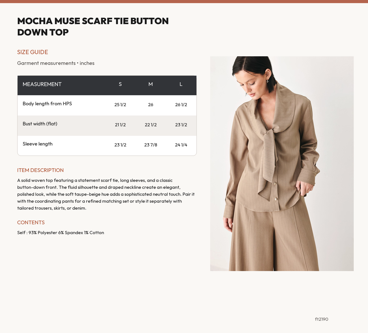 MOCHA MUSE SCARF TIE BUTTON DOWN TOP size chart