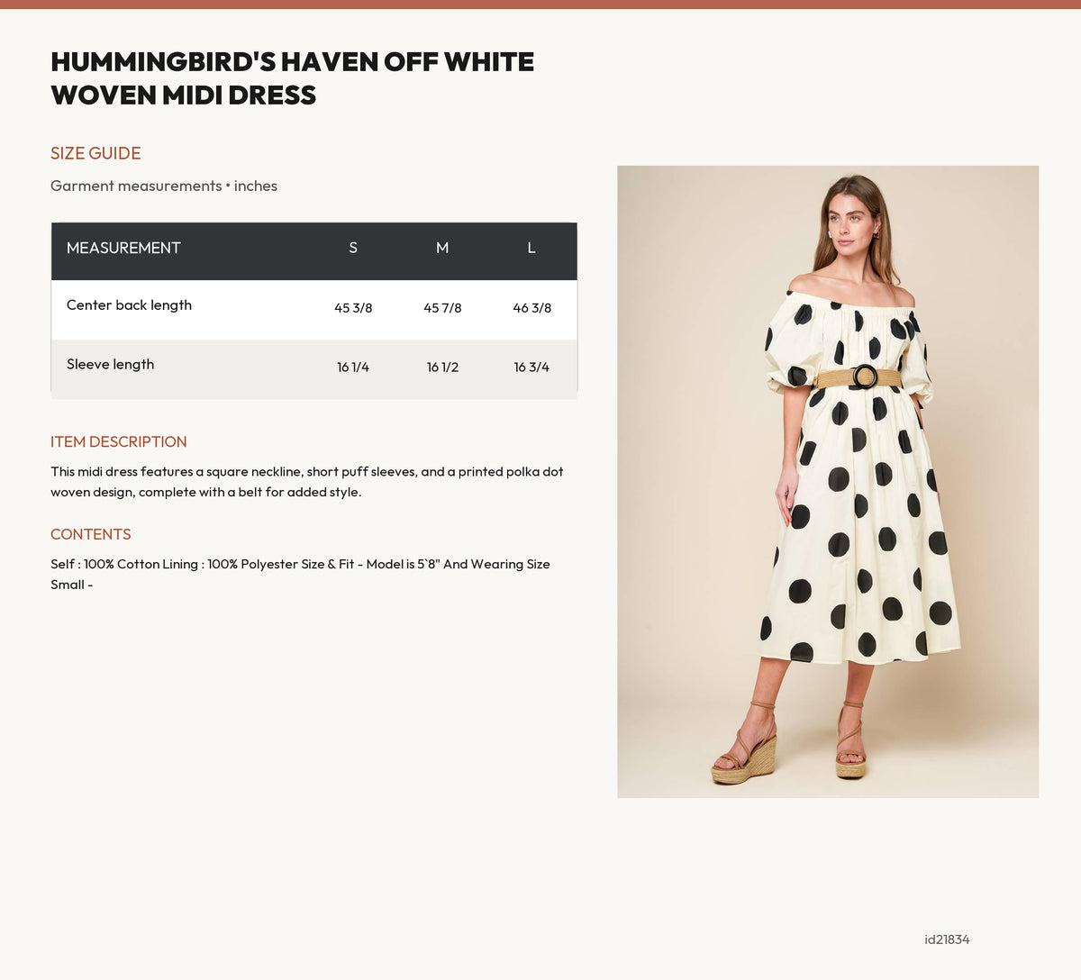 HUMMINGBIRD'S HAVEN OFF WHITE WOVEN MIDI DRESS size chart
