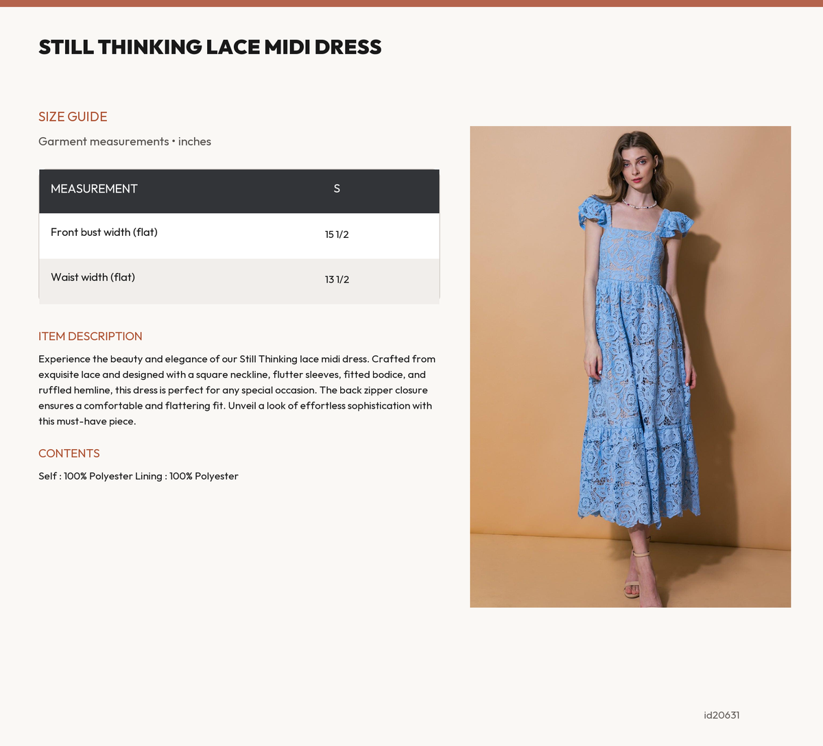 STILL THINKING LACE MIDI DRESS size chart