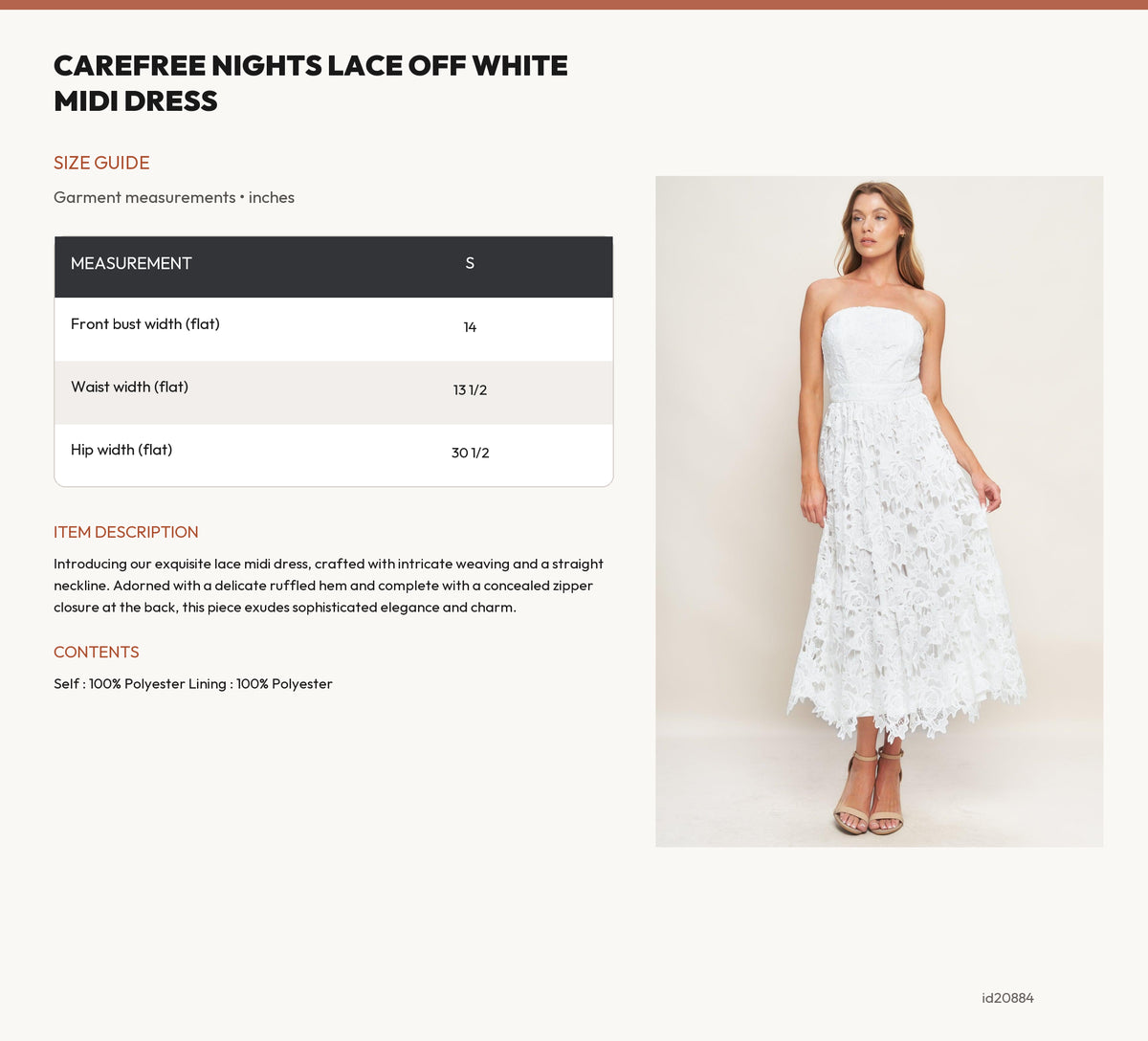 CAREFREE NIGHTS LACE OFF WHITE MIDI DRESS size chart