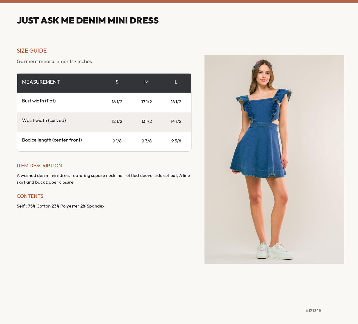 JUST ASK ME DENIM MINI DRESS size chart