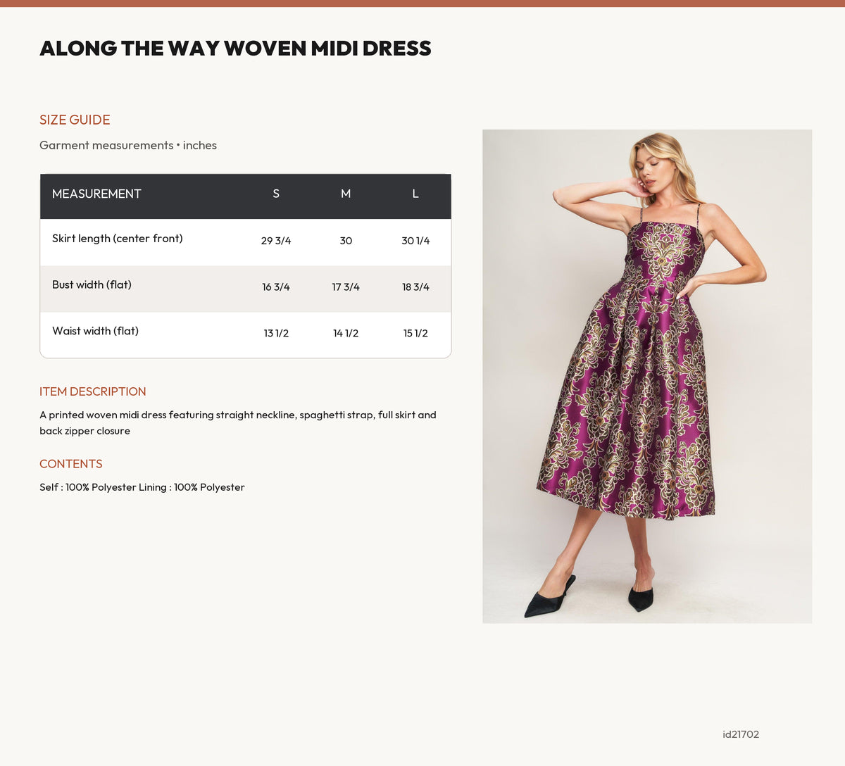 ALONG THE WAY WOVEN MIDI DRESS size chart