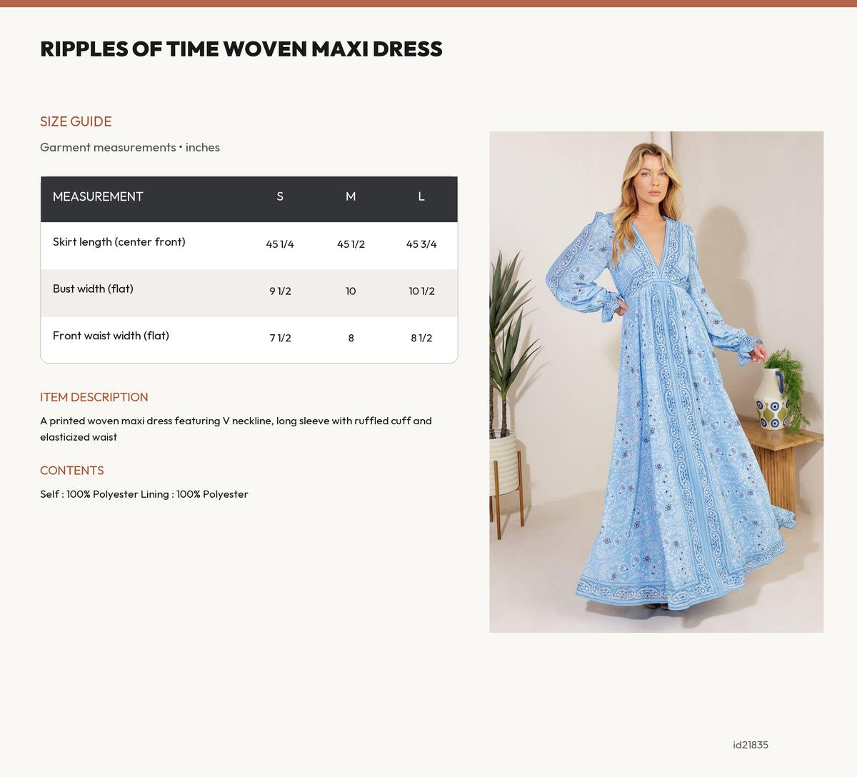 RIPPLES OF TIME WOVEN MAXI DRESS size chart