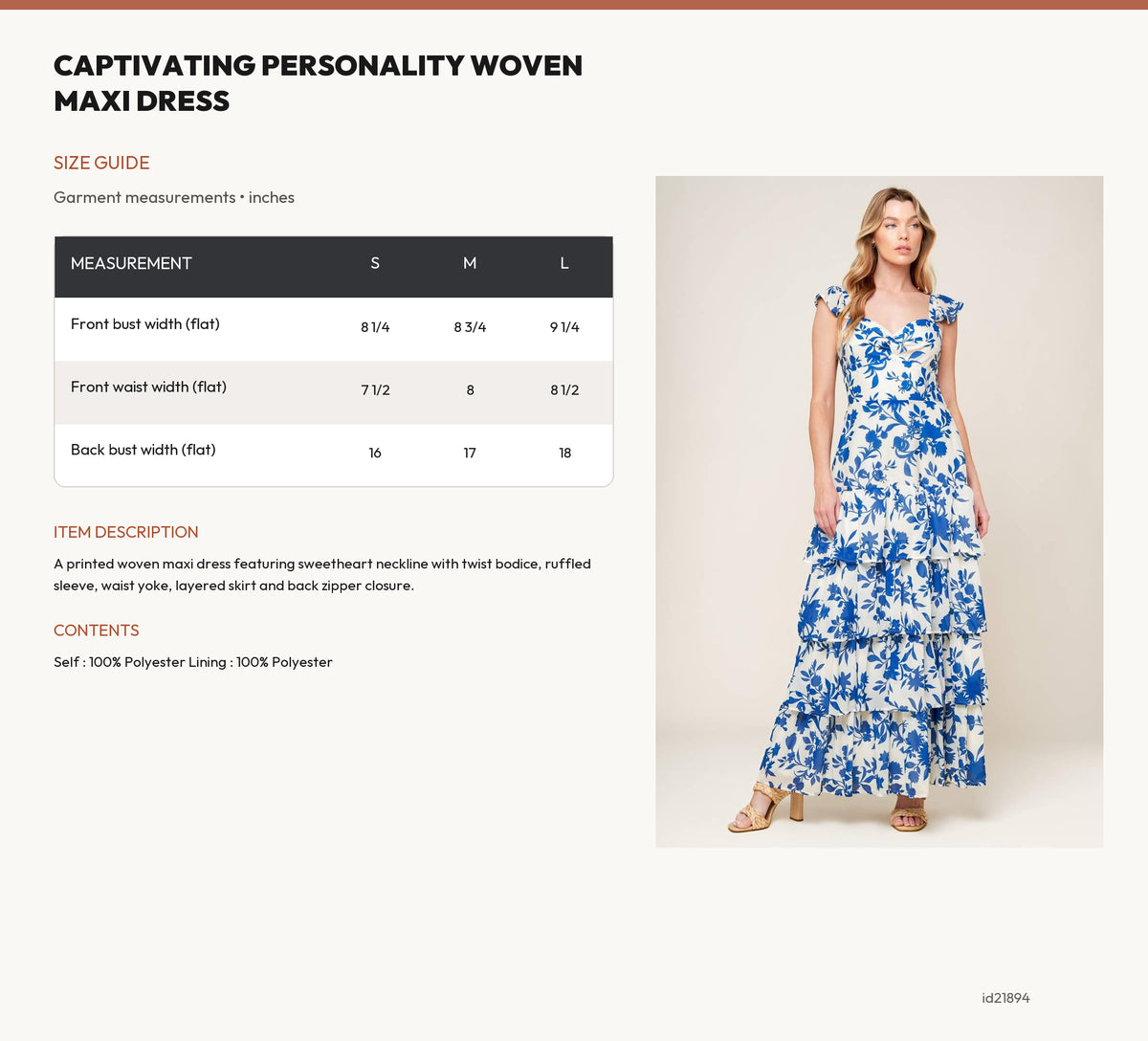 CAPTIVATING PERSONALITY WOVEN MAXI DRESS size chart