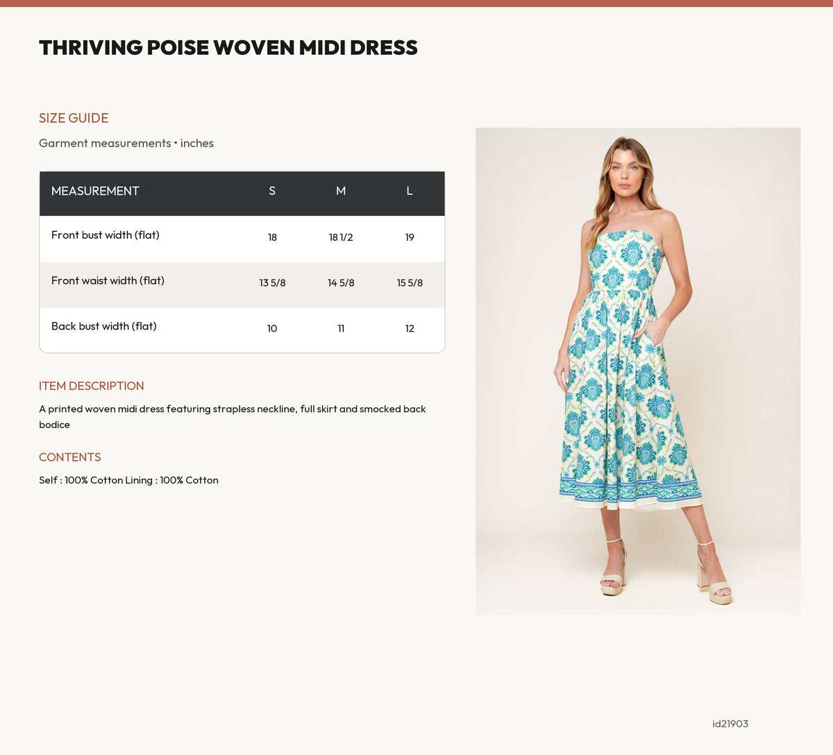 THRIVING POISE WOVEN MIDI DRESS size chart
