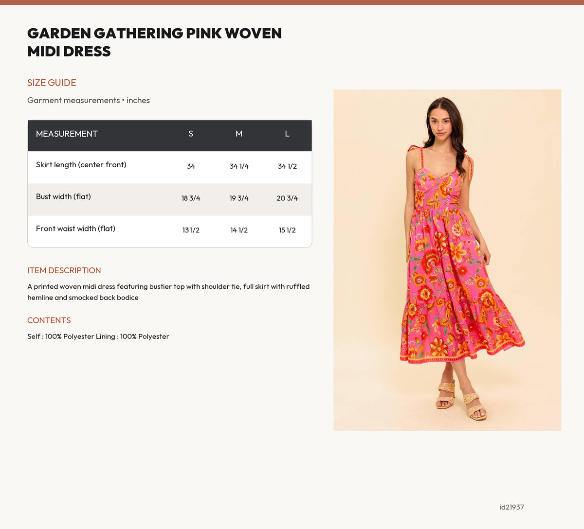 GARDEN GATHERING PINK WOVEN MIDI DRESS size chart