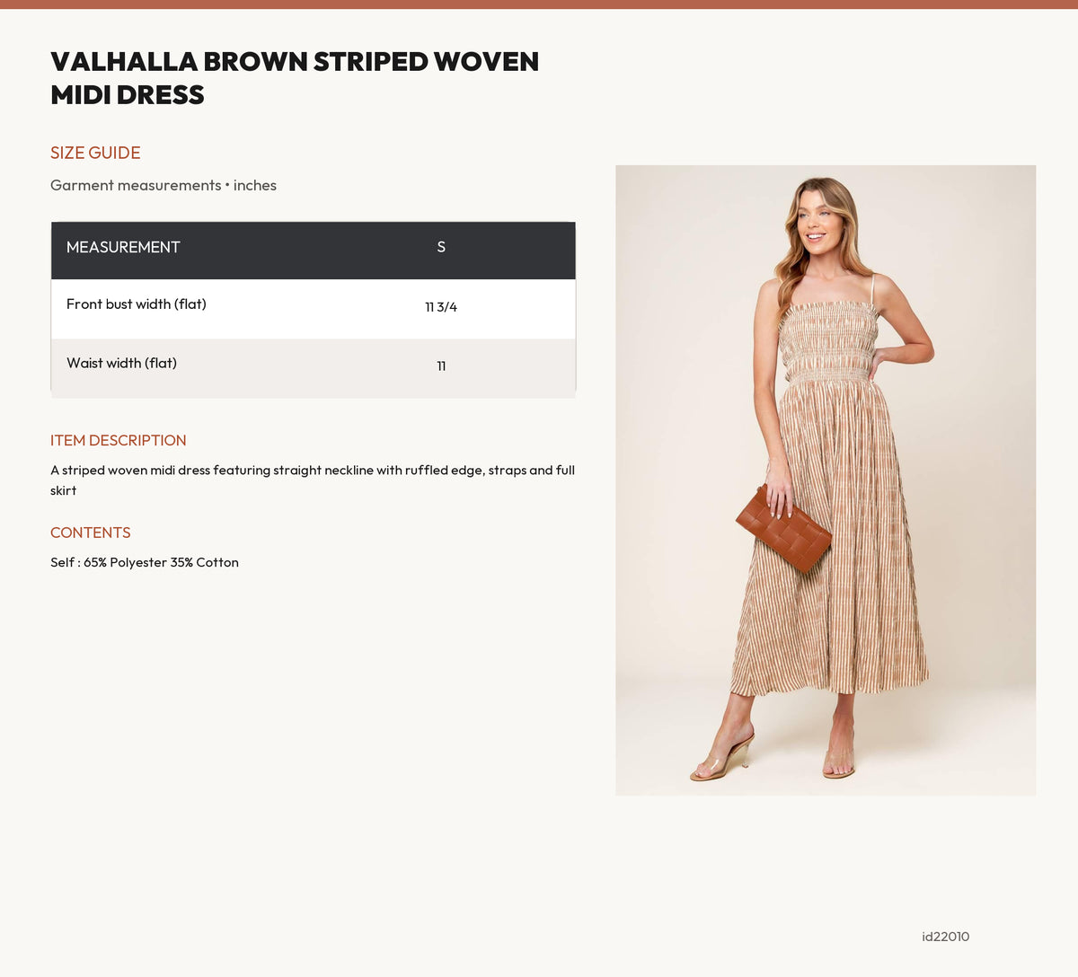 VALHALLA BROWN STRIPED WOVEN MIDI DRESS size chart
