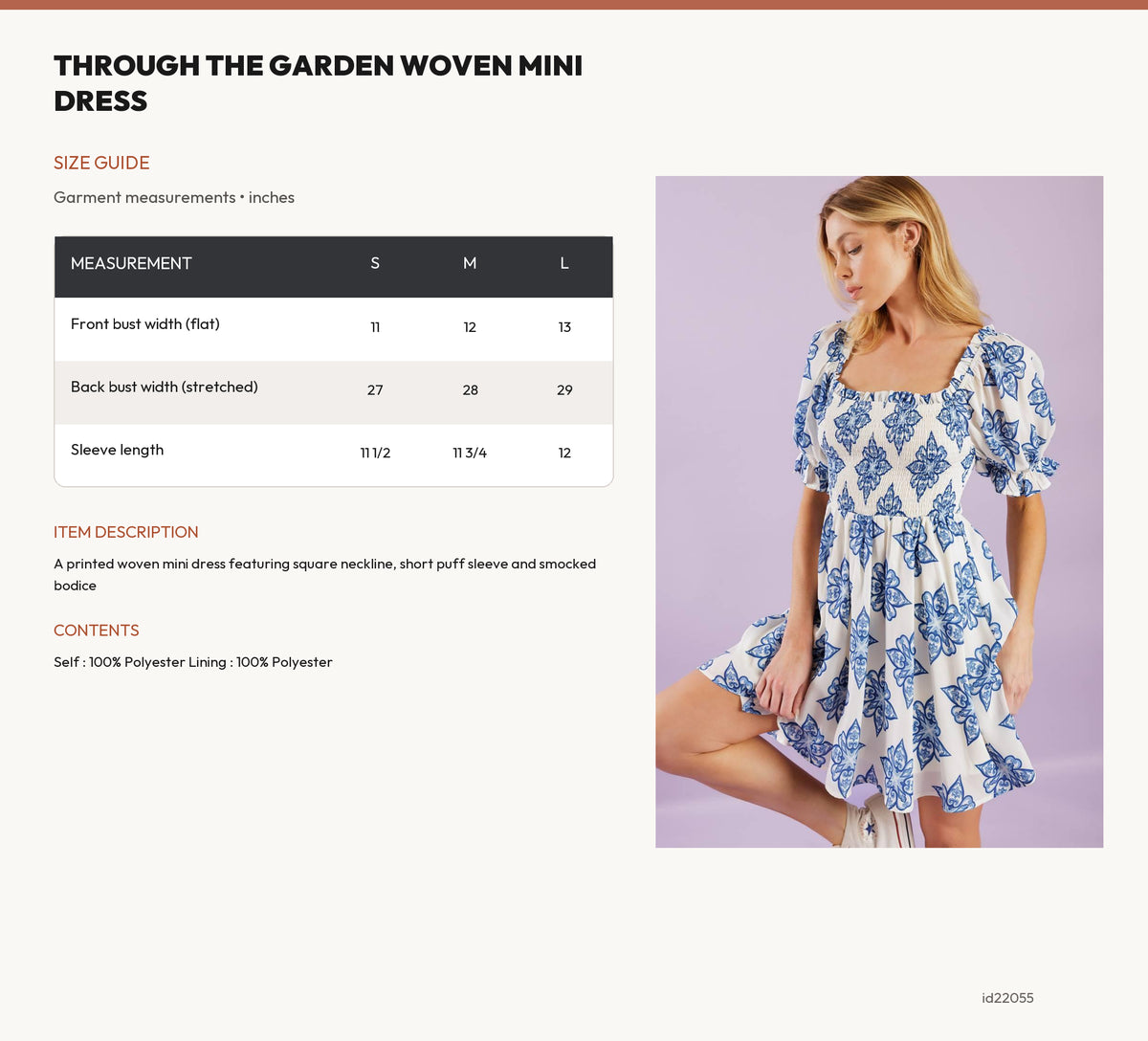 THROUGH THE GARDEN WOVEN MINI DRESS size chart