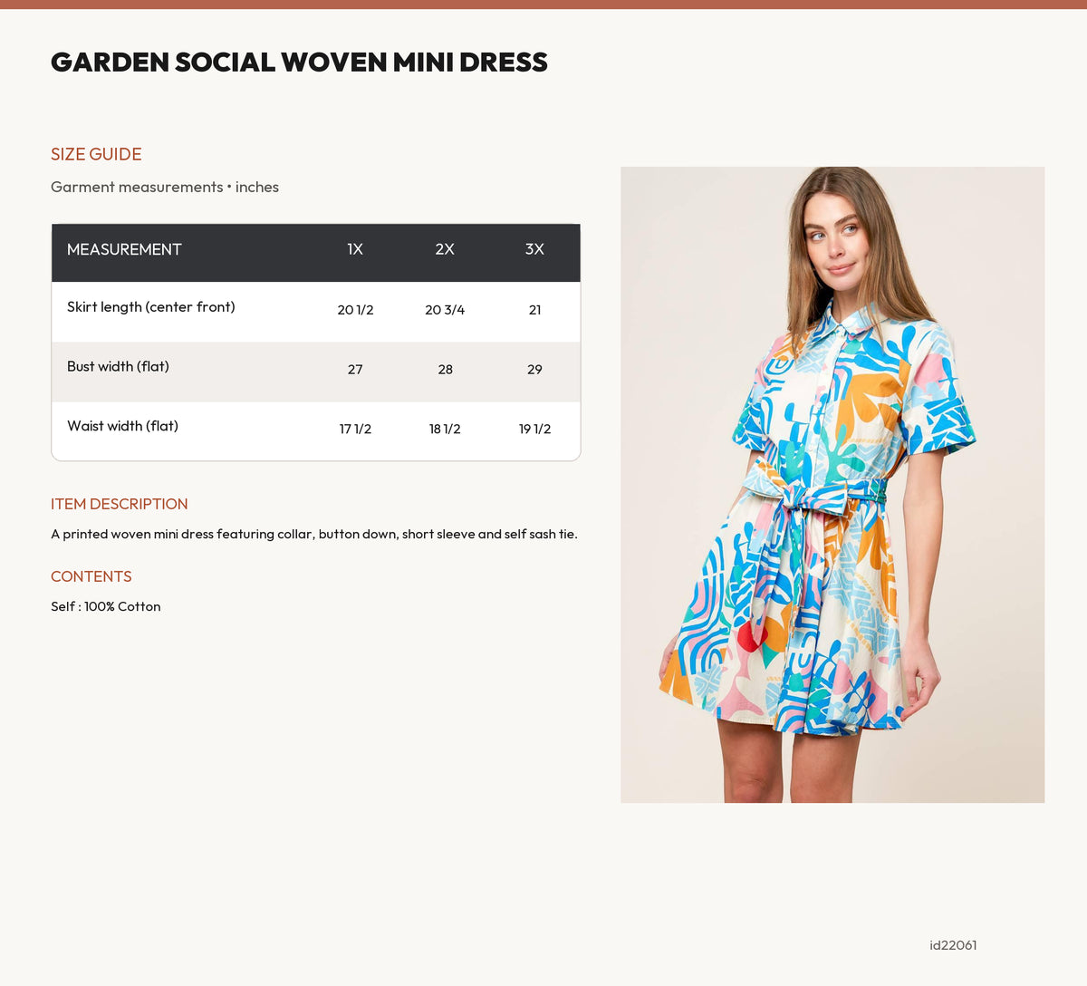 GARDEN SOCIAL WOVEN MINI DRESS size chart