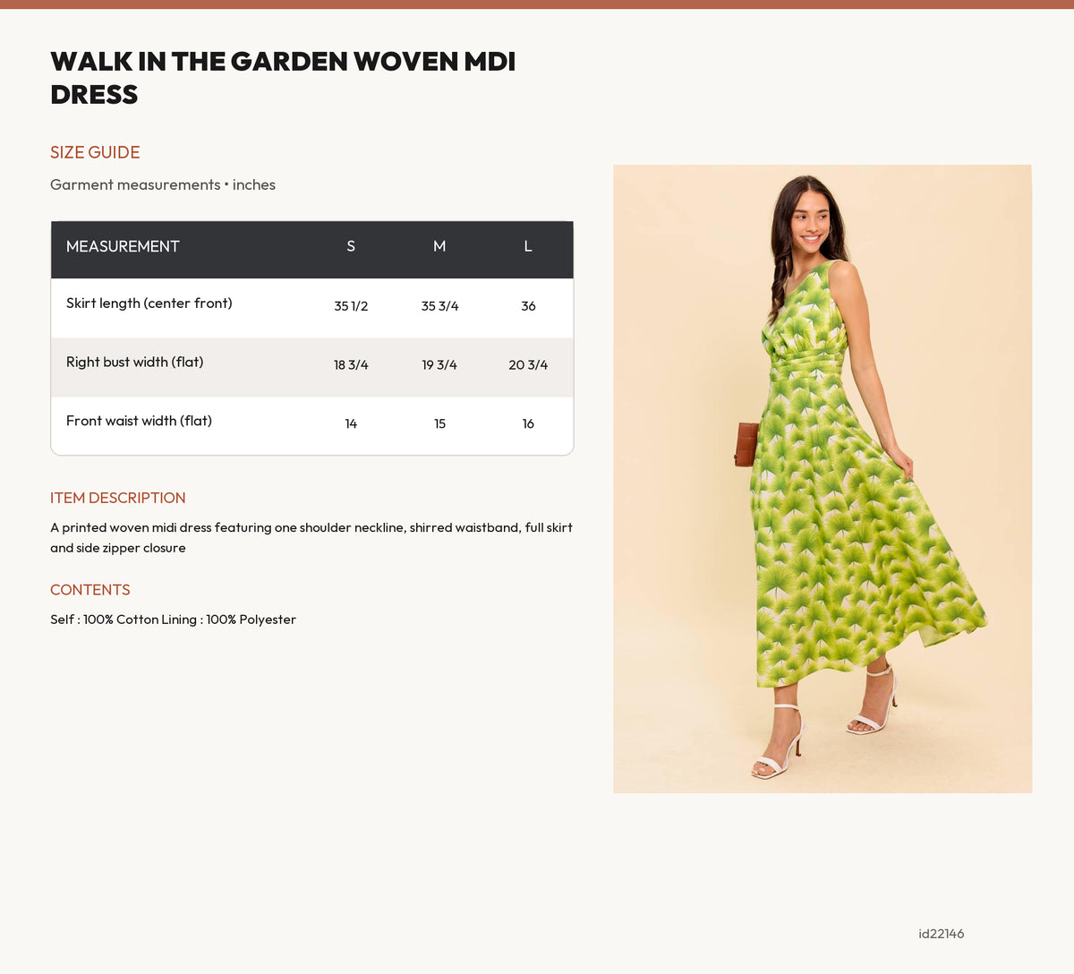 WALK IN THE GARDEN WOVEN MDI DRESS size chart