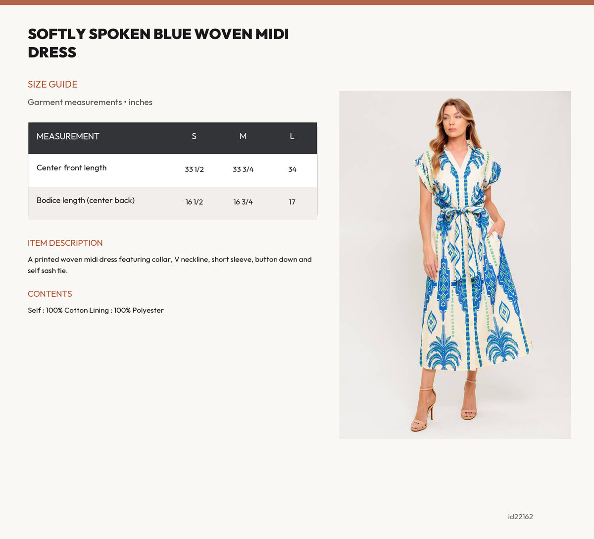 SOFTLY SPOKEN BLUE WOVEN MIDI DRESS size chart
