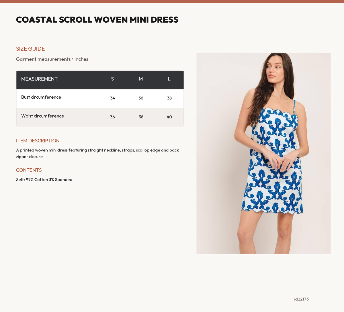 COASTAL SCROLL WOVEN MINI DRESS size chart