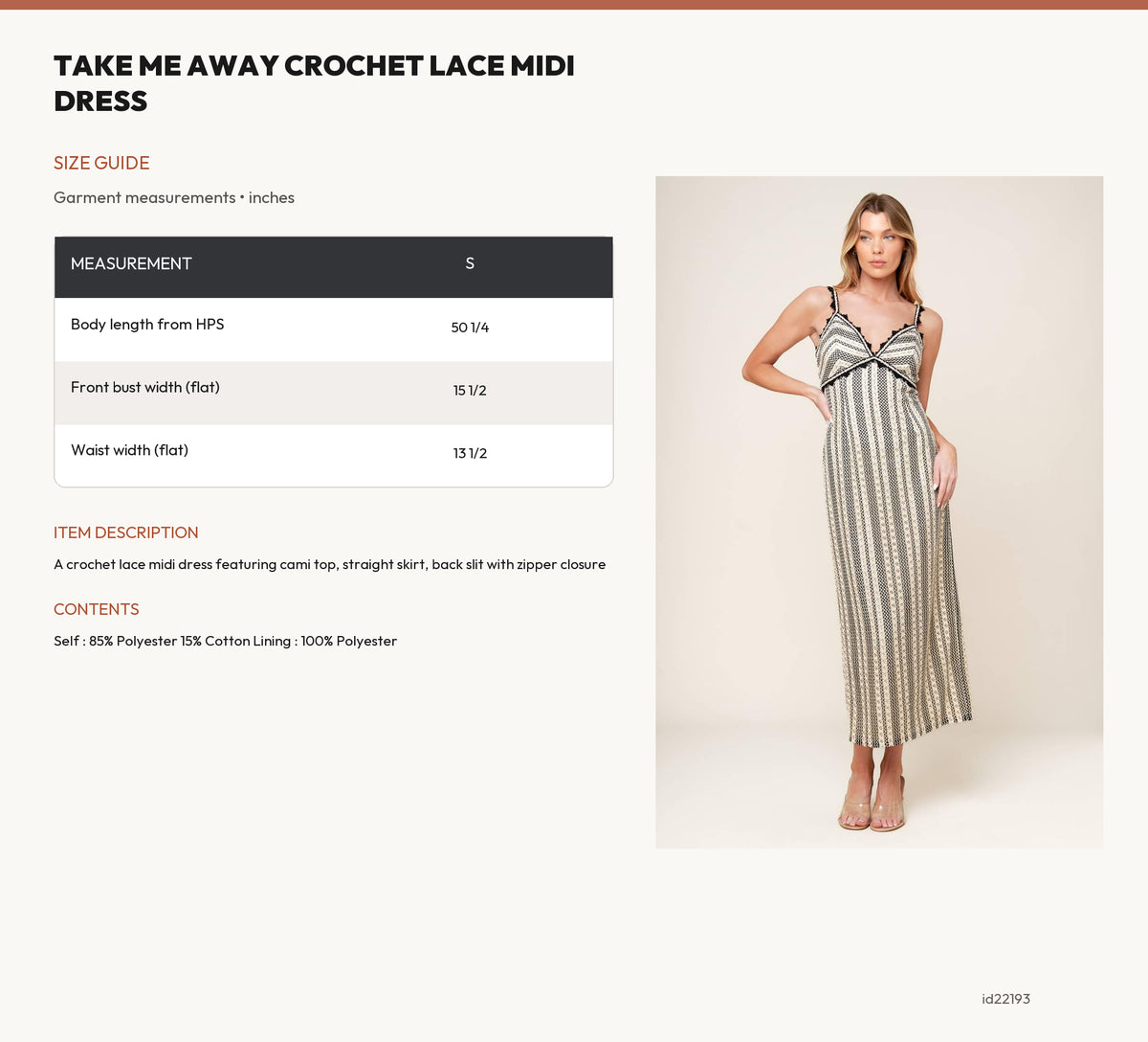 TAKE ME AWAY CROCHET LACE MIDI DRESS size chart