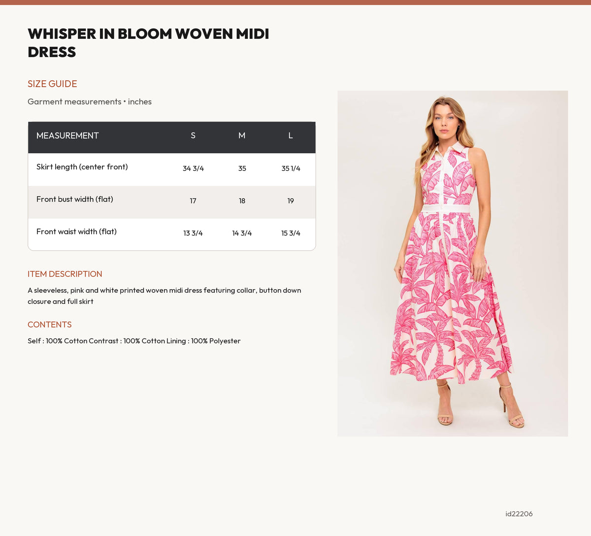WHISPER IN BLOOM WOVEN MIDI DRESS size chart