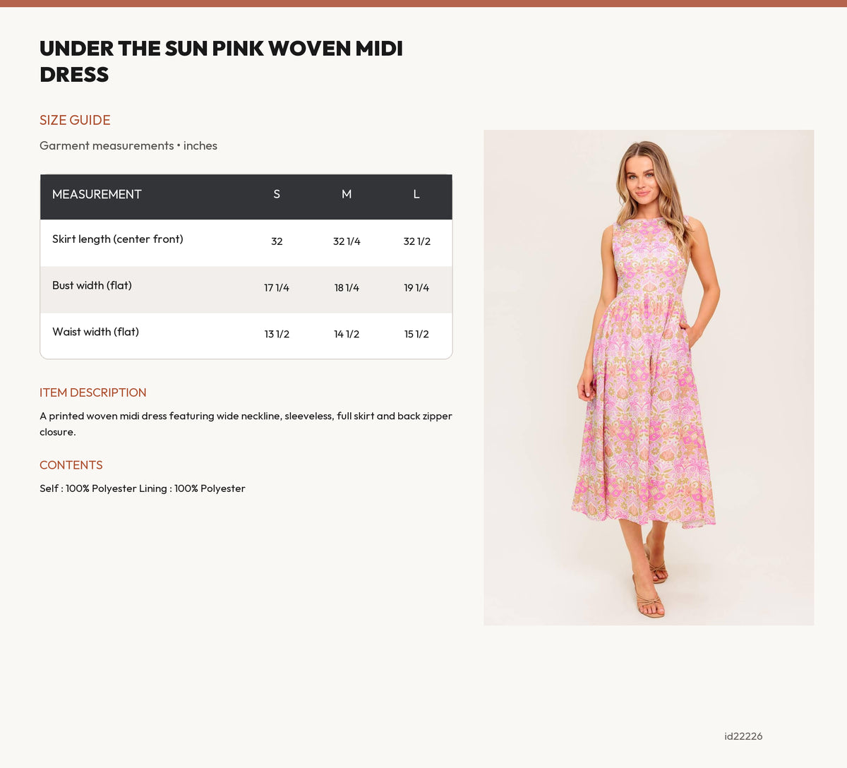 UNDER THE SUN PINK WOVEN MIDI DRESS size chart