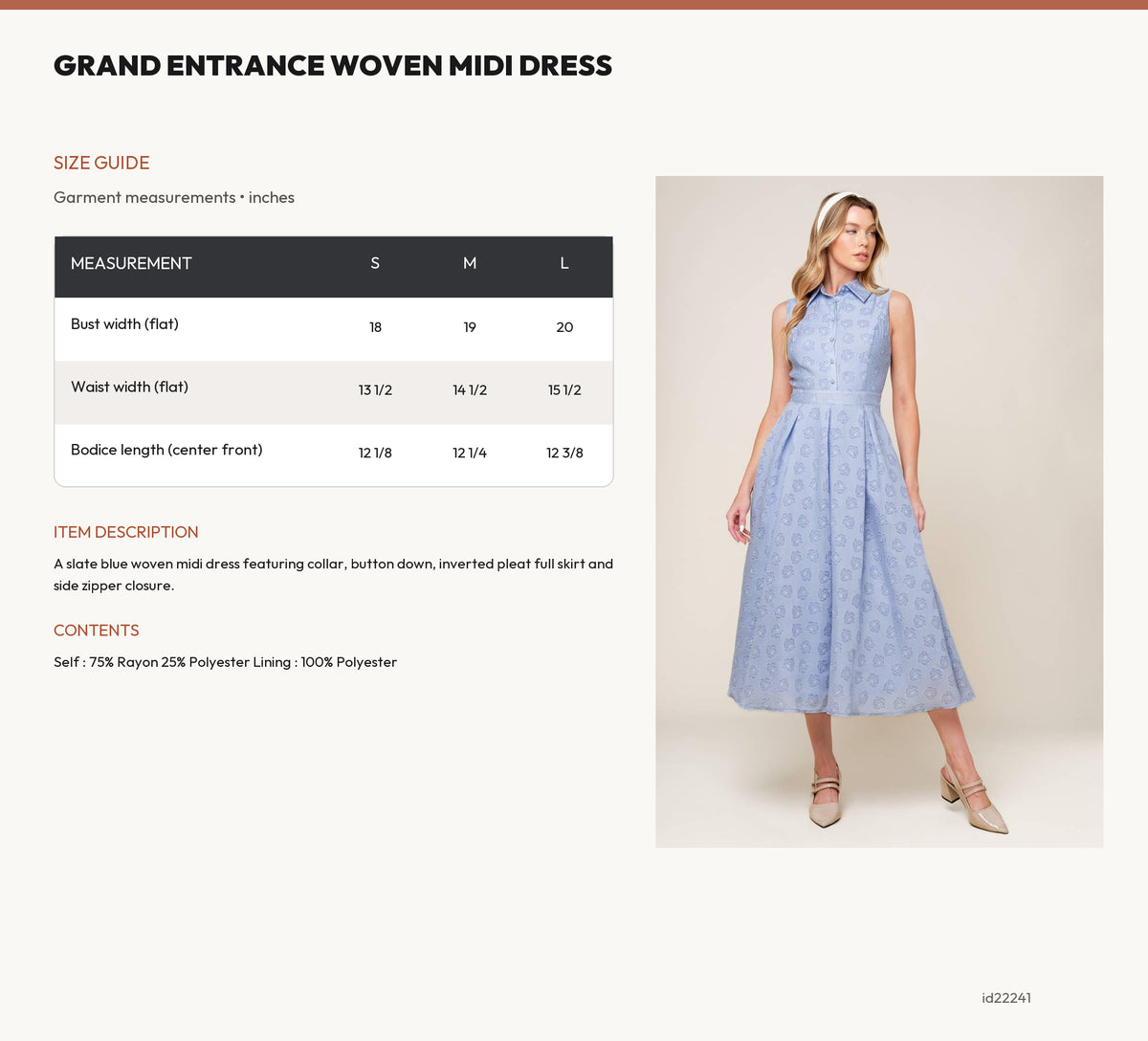 GRAND ENTRANCE WOVEN MIDI DRESS size chart