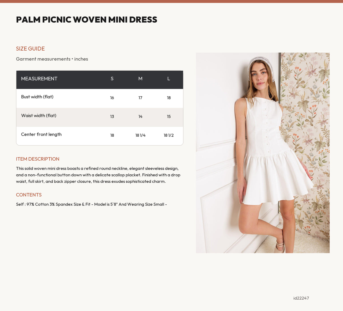 PALM PICNIC WOVEN MINI DRESS size chart
