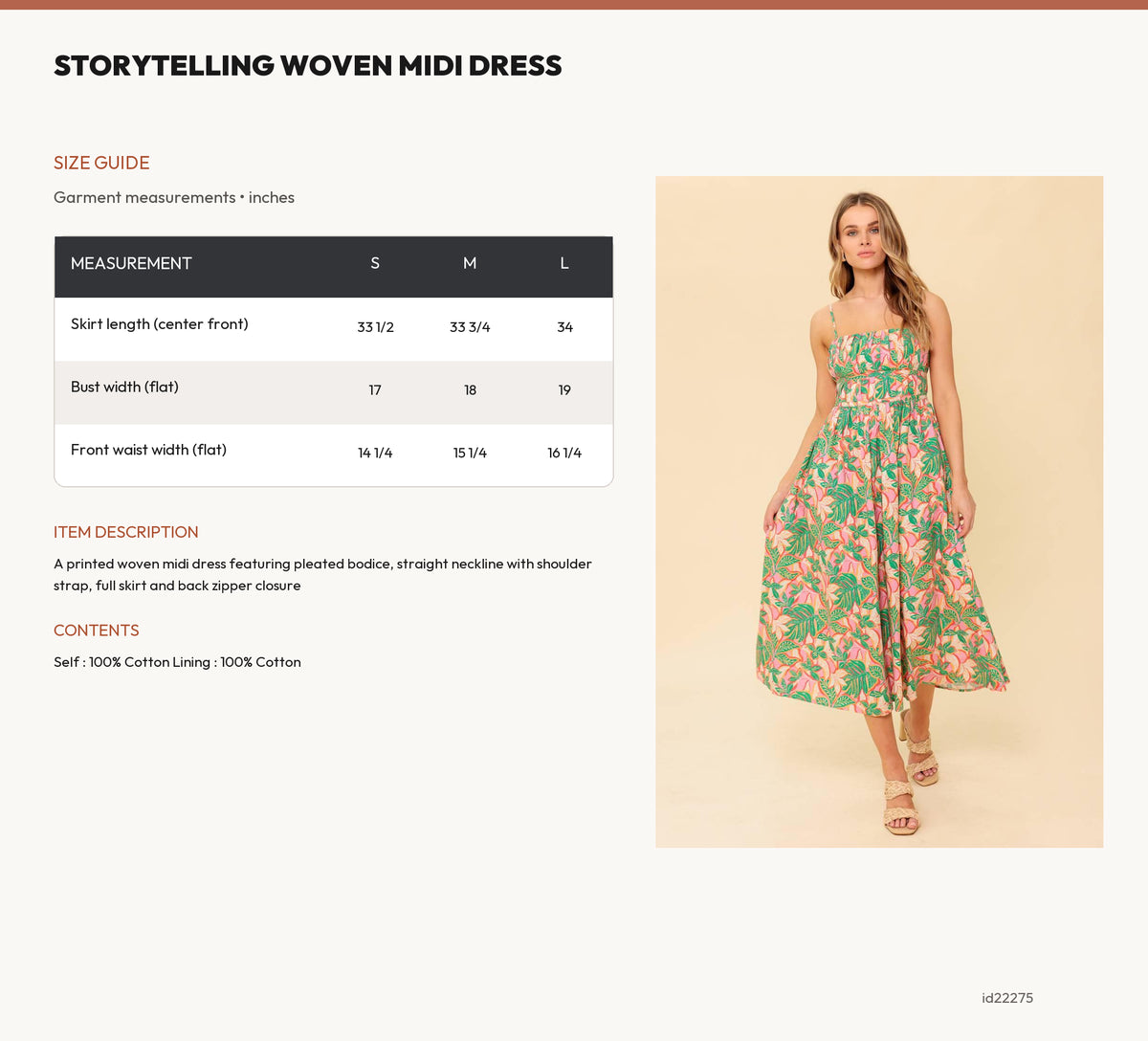 STORYTELLING WOVEN MIDI DRESS size chart