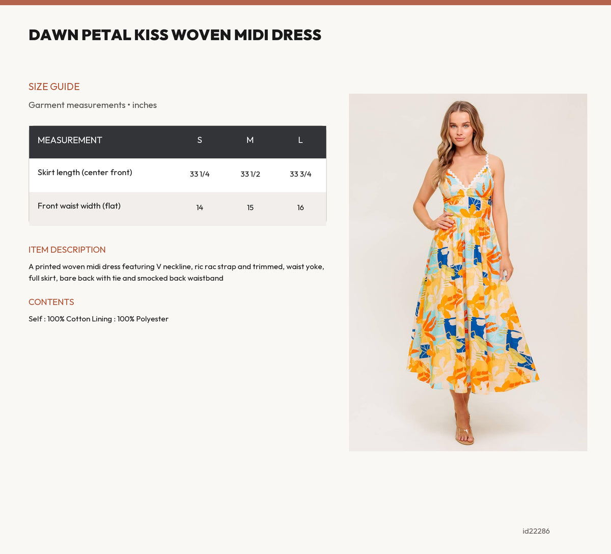 DAWN PETAL KISS WOVEN MIDI DRESS size chart