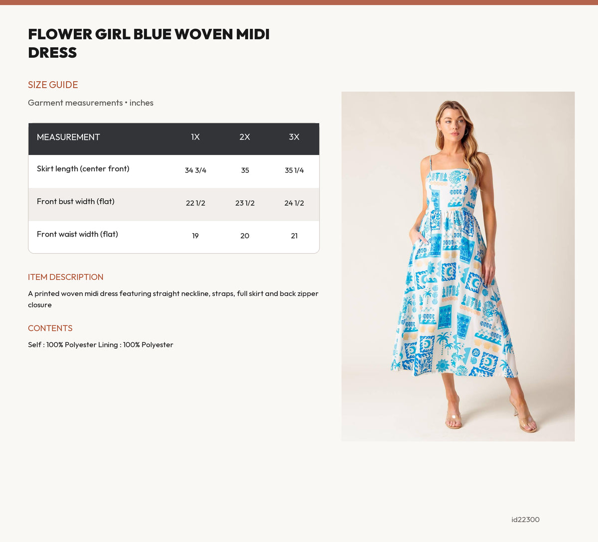 FLOWER GIRL BLUE WOVEN MIDI DRESS size chart
