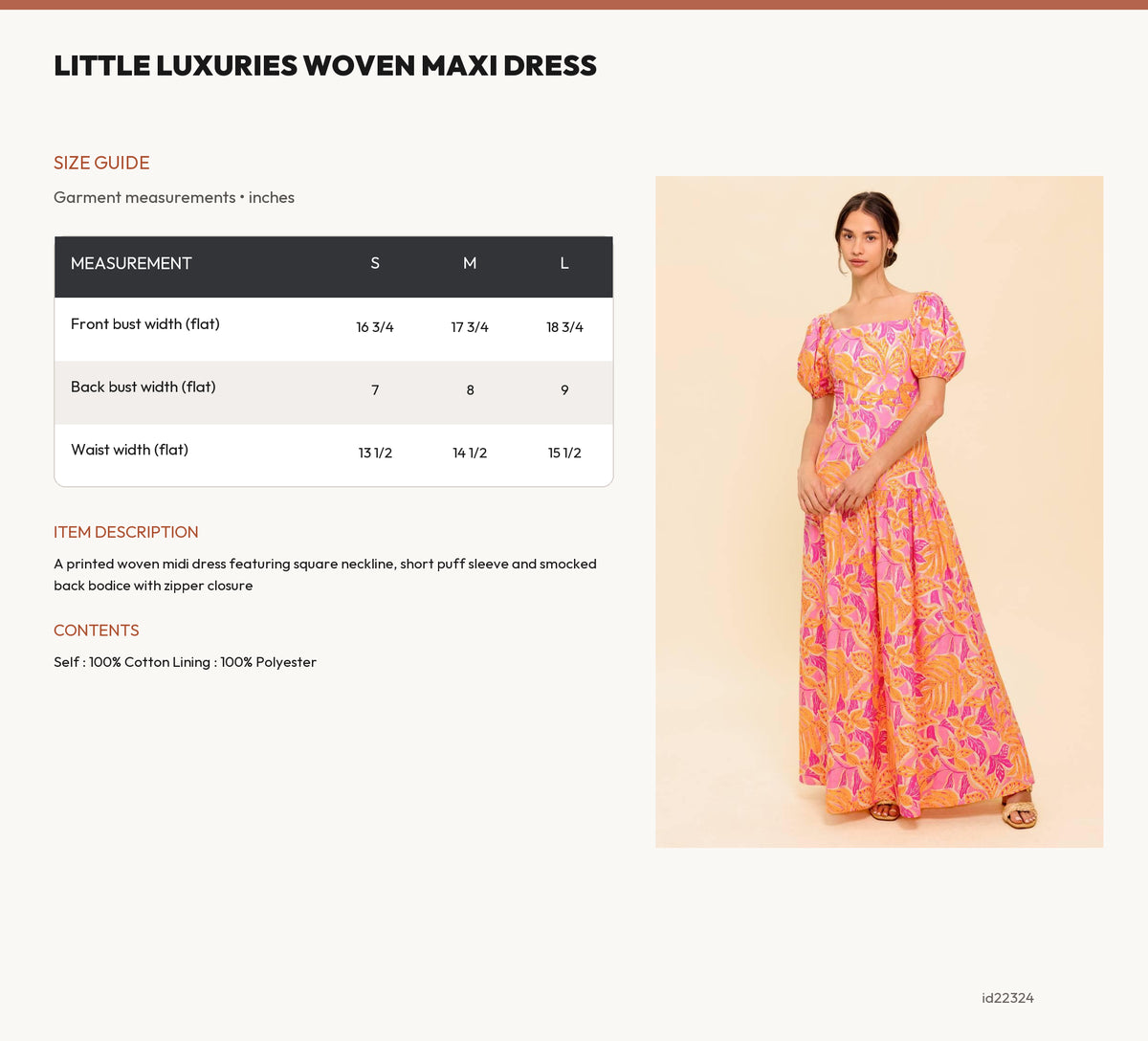 LITTLE LUXURIES WOVEN MAXI DRESS size chart