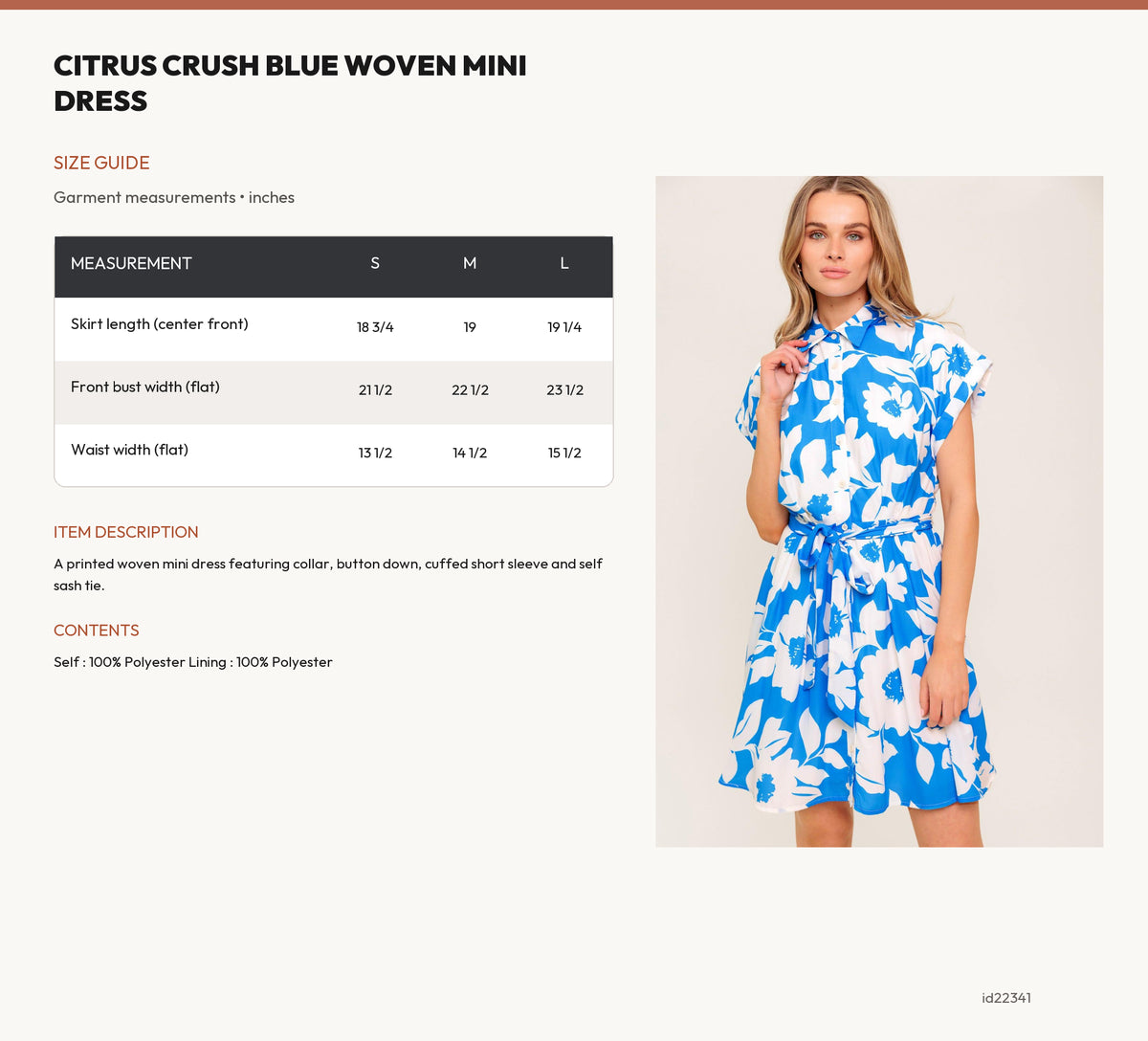 CITRUS CRUSH BLUE WOVEN MINI DRESS size chart