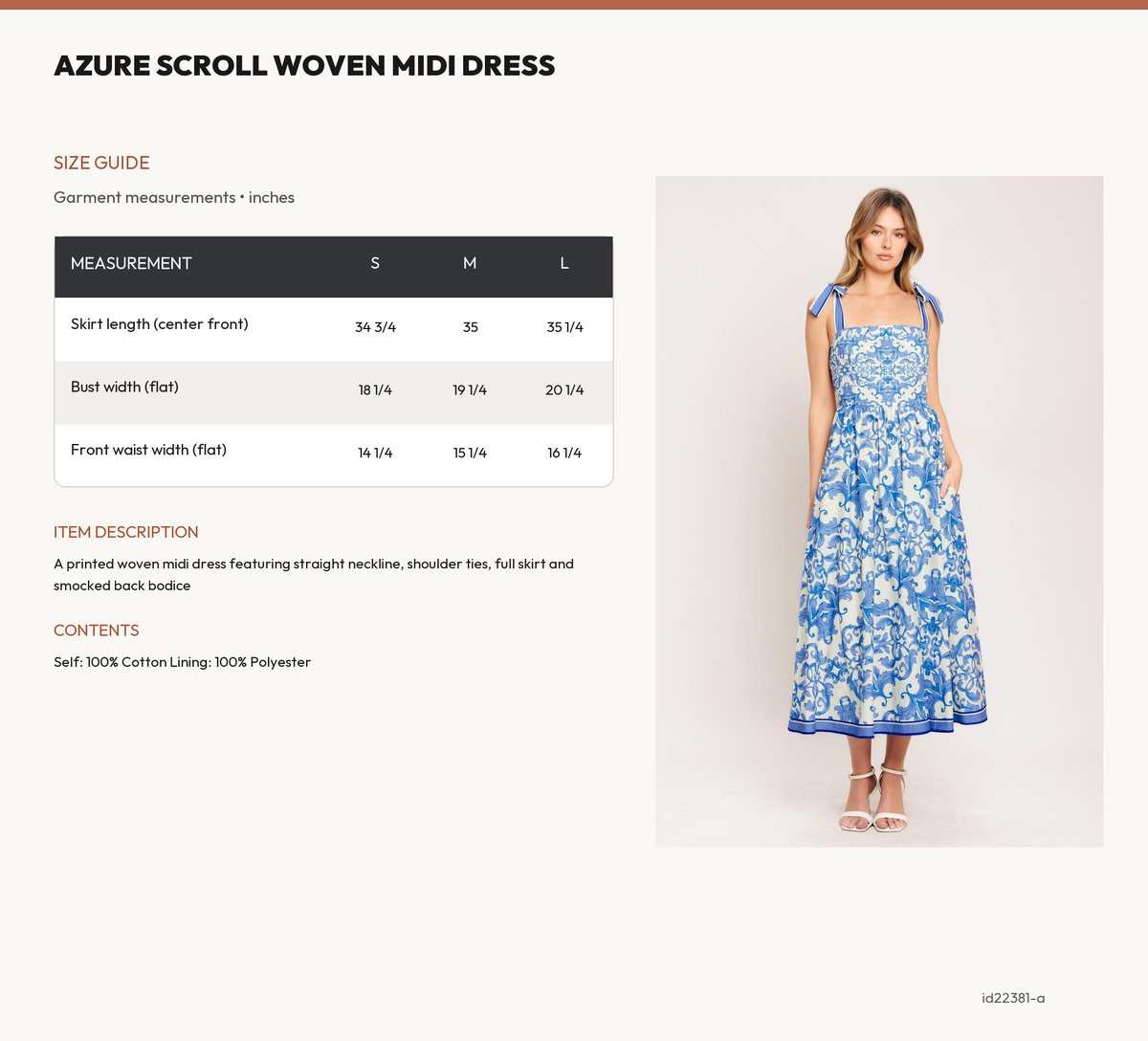 AZURE SCROLL WOVEN MIDI DRESS size chart