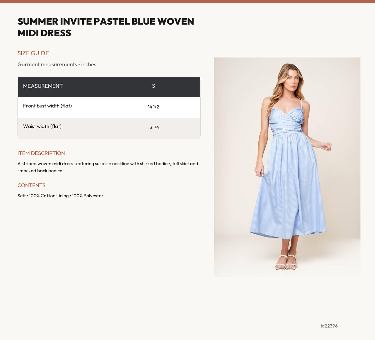 SUMMER INVITE PASTEL BLUE WOVEN MIDI DRESS size chart