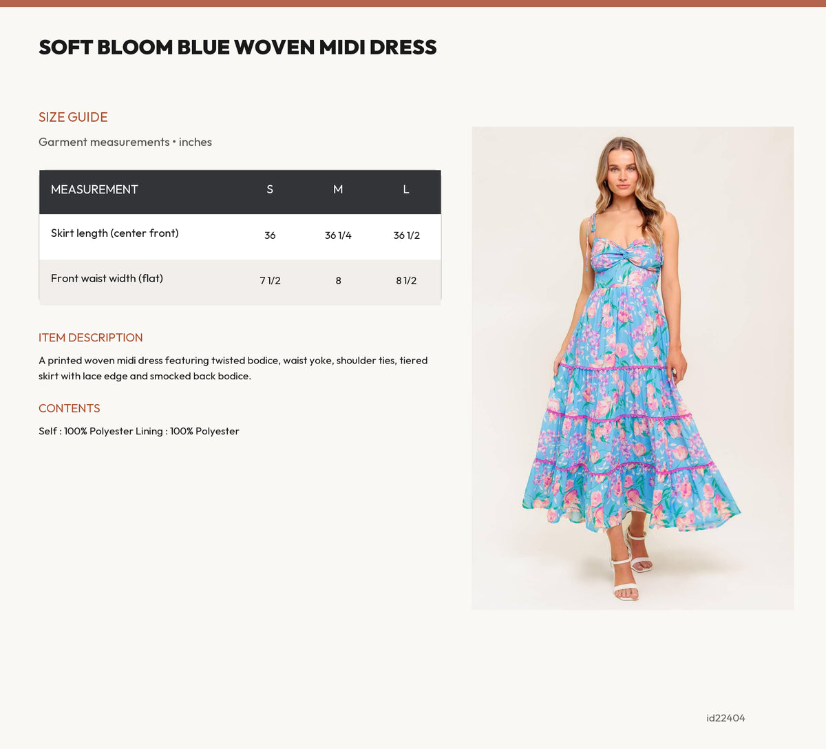 SOFT BLOOM BLUE WOVEN MIDI DRESS size chart