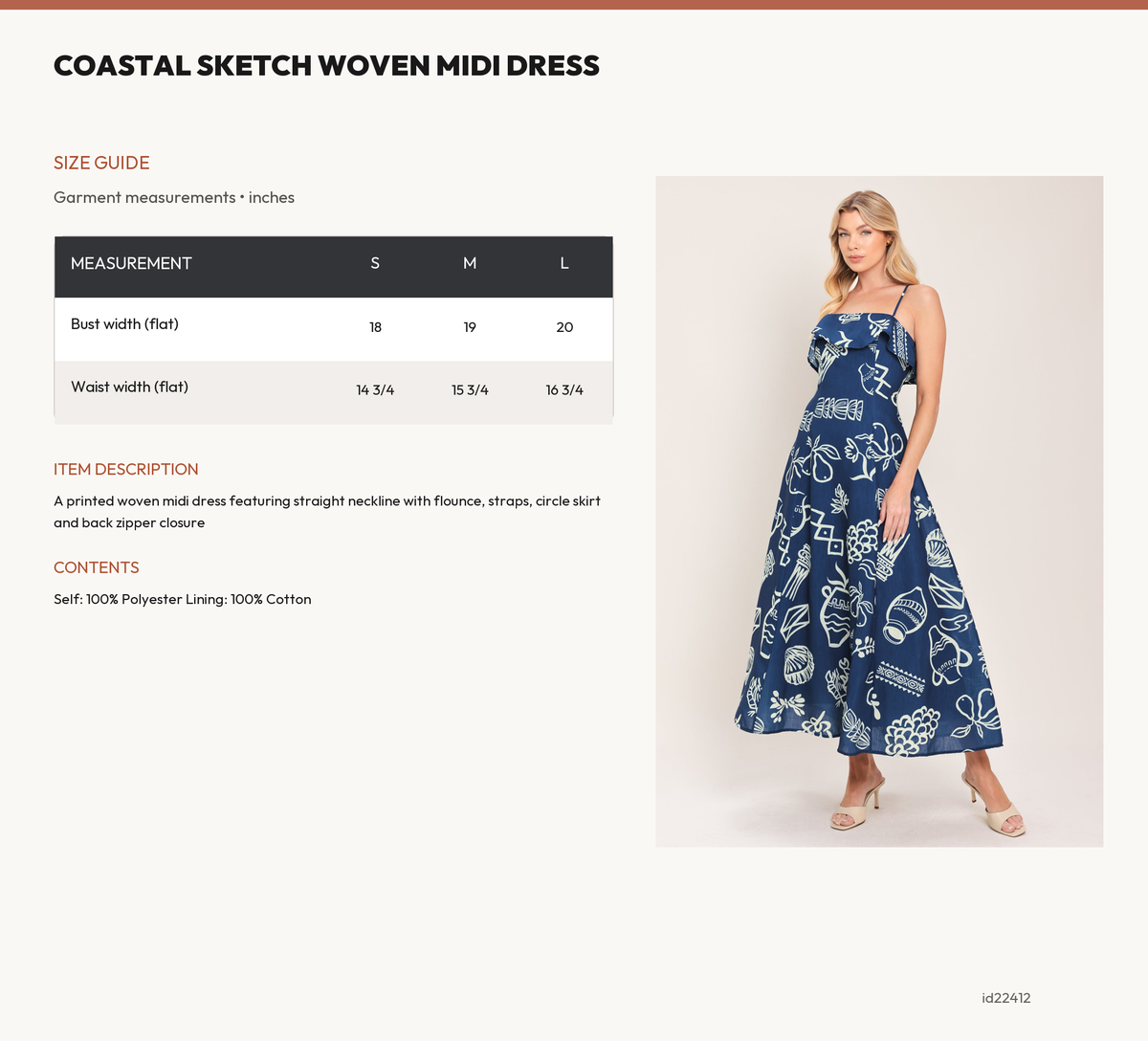 COASTAL SKETCH WOVEN MIDI DRESS size chart
