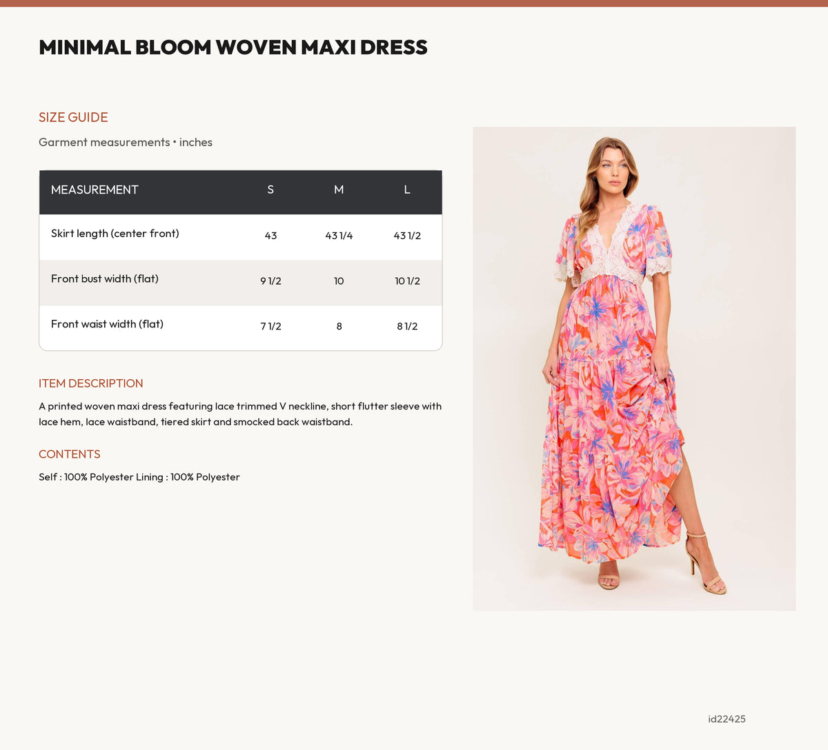 MINIMAL BLOOM WOVEN MAXI DRESS size chart