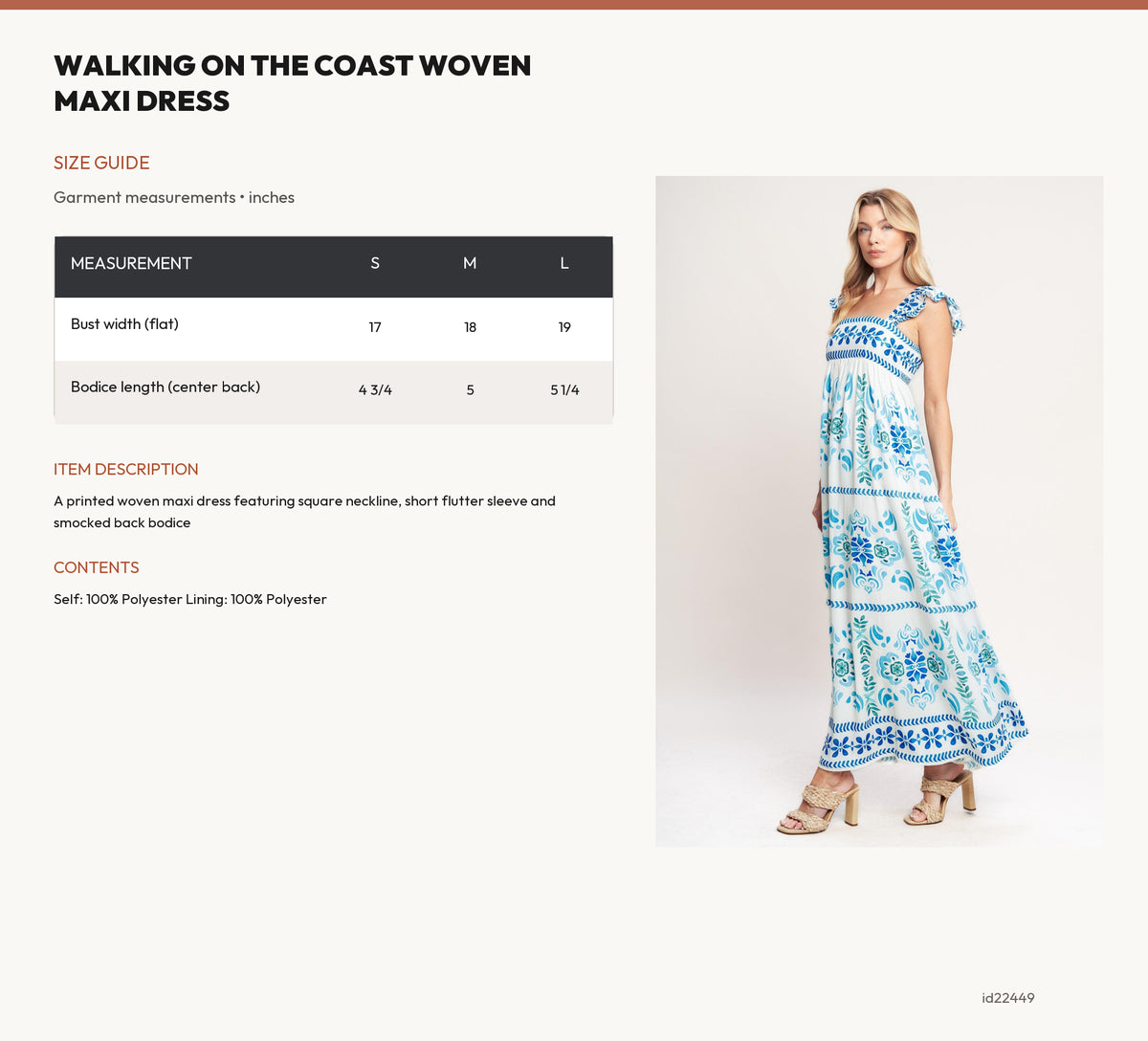 WALKING ON THE COAST WOVEN MAXI DRESS size chart