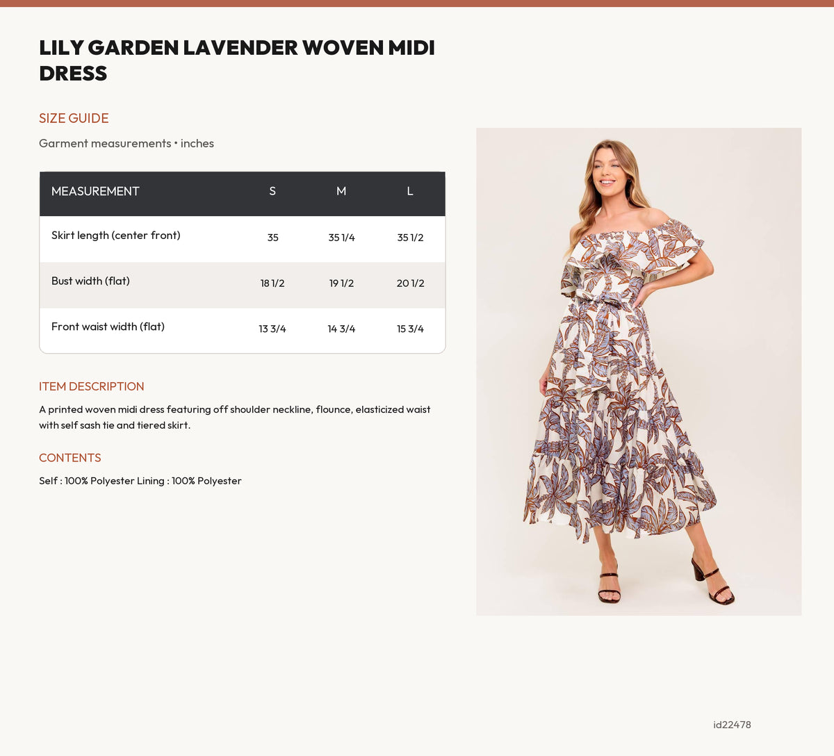 LILY GARDEN LAVENDER WOVEN MIDI DRESS size chart