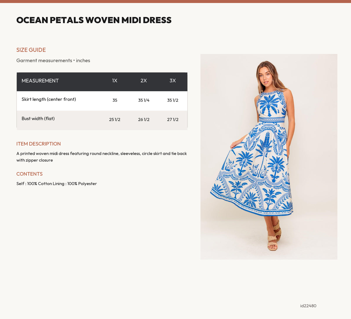 OCEAN PETALS WOVEN MIDI DRESS size chart