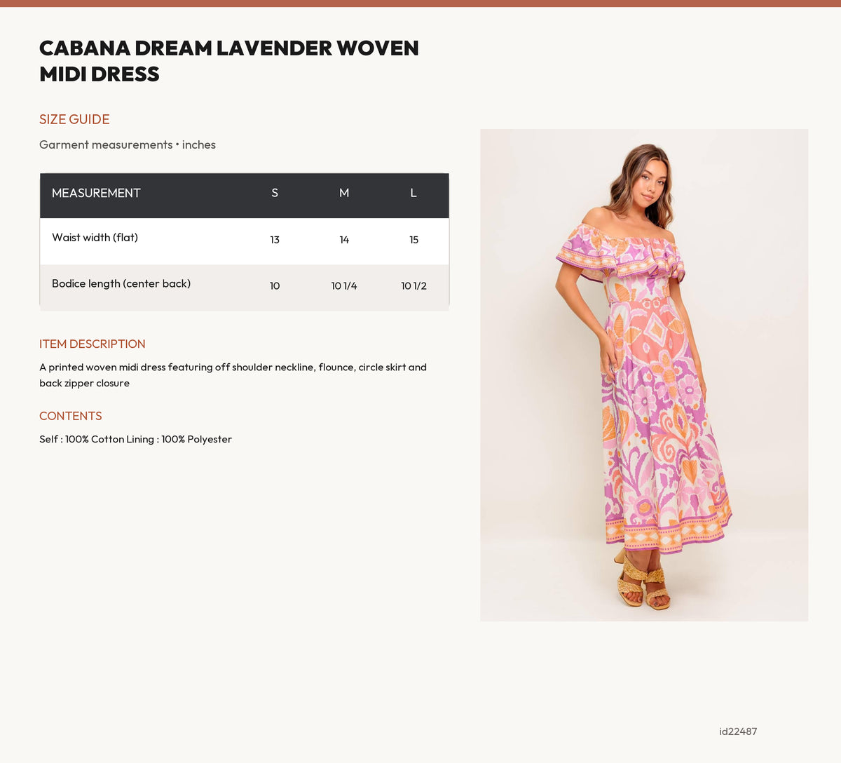 CABANA DREAM LAVENDER WOVEN MIDI DRESS size chart