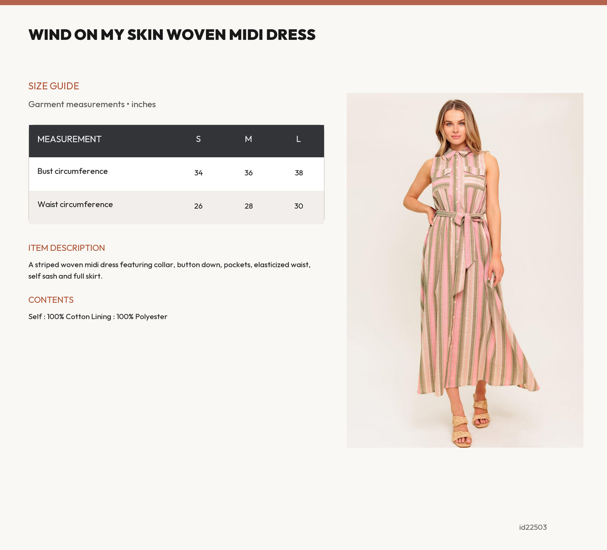 WIND ON MY SKIN WOVEN MIDI DRESS size chart