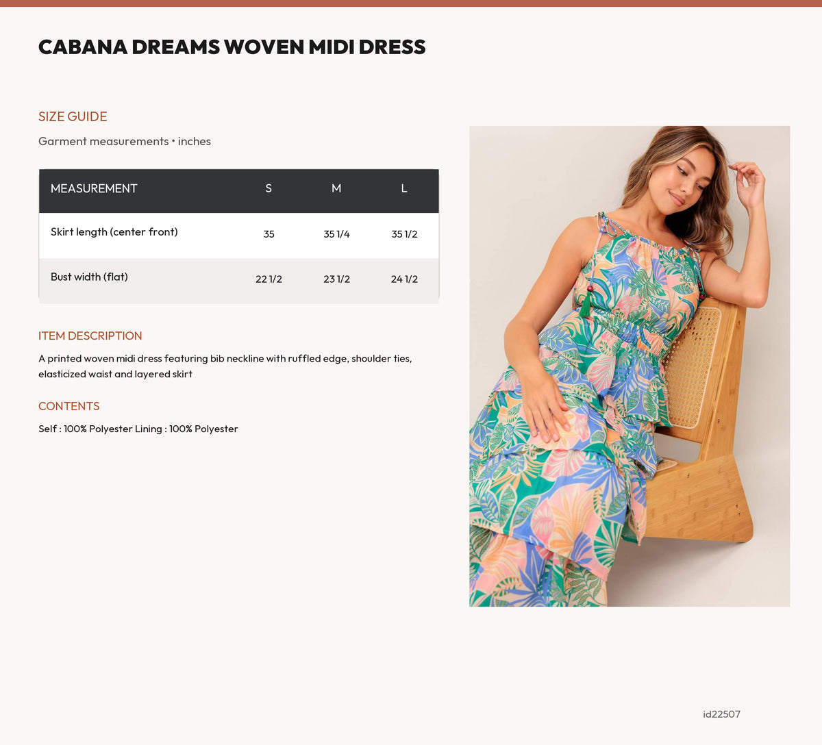CABANA DREAMS WOVEN MIDI DRESS size chart