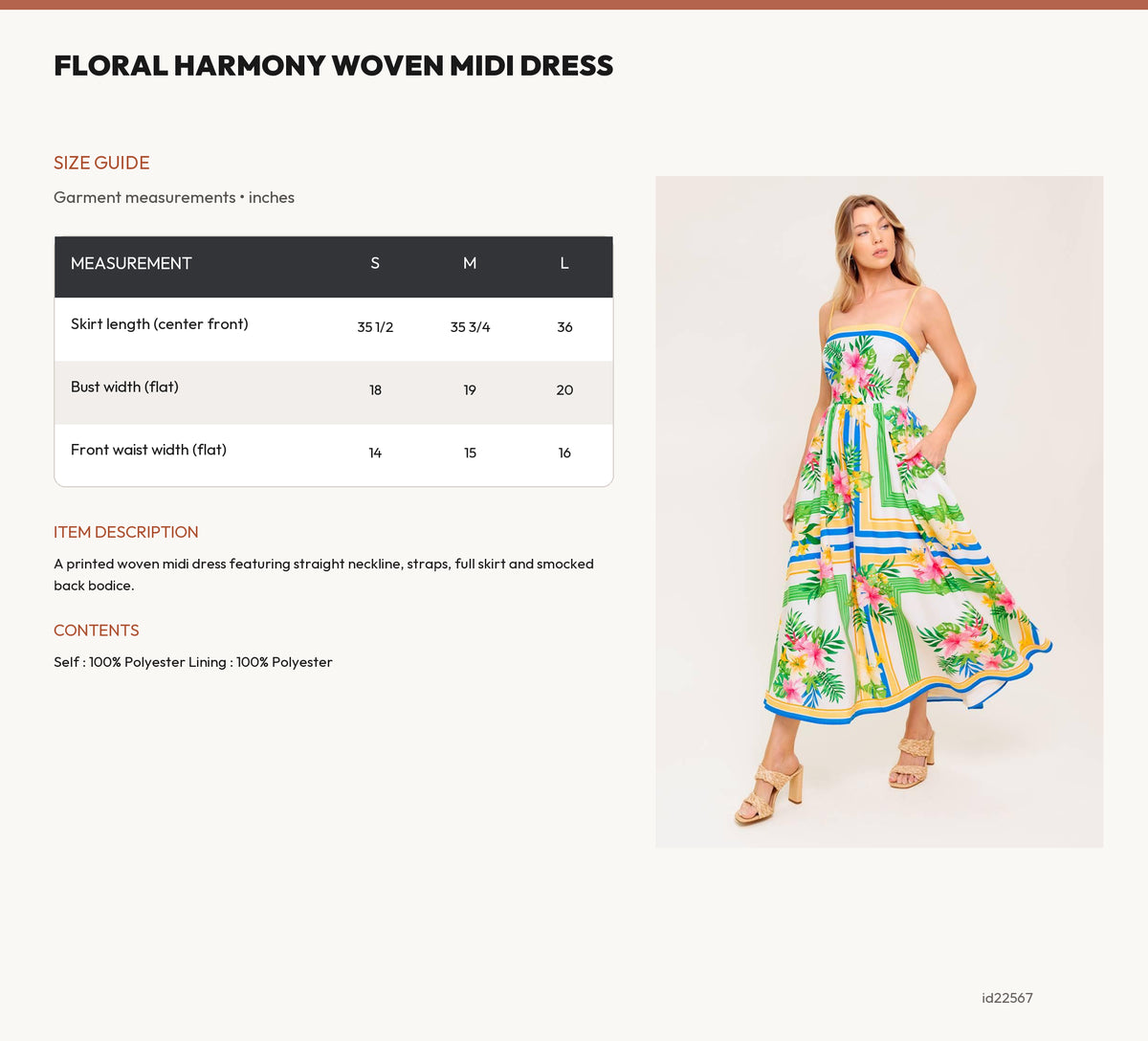 FLORAL HARMONY WOVEN MIDI DRESS size chart