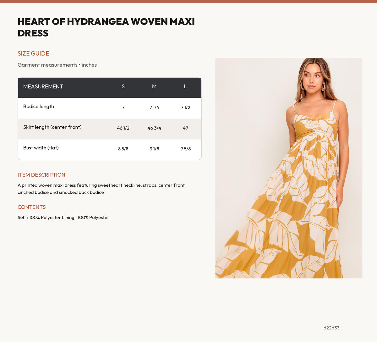 HEART OF HYDRANGEA WOVEN MAXI DRESS size chart