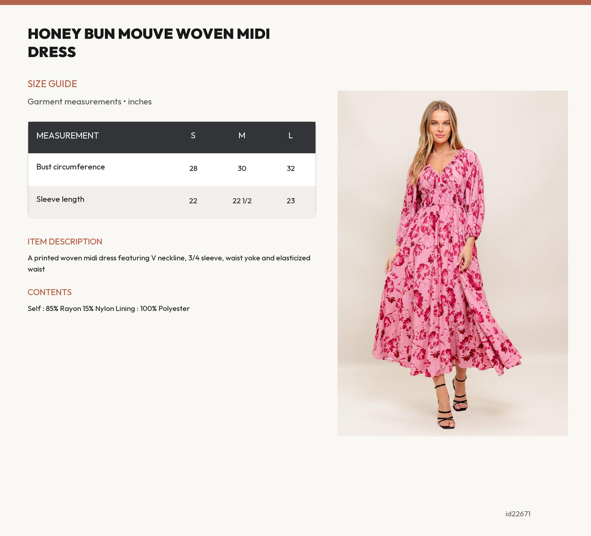 HONEY BUN MOUVE WOVEN MIDI DRESS size chart
