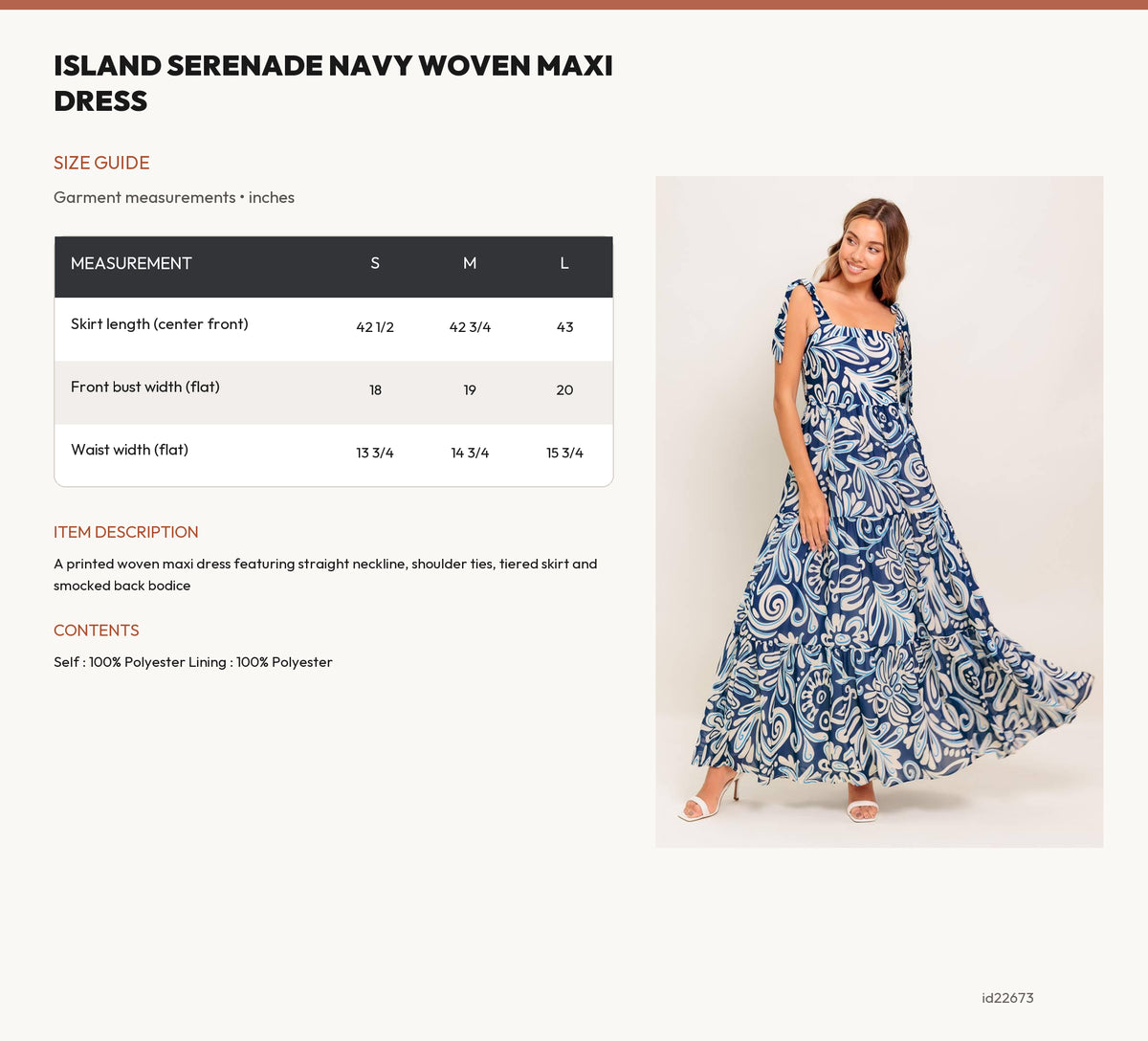 ISLAND SERENADE NAVY WOVEN MAXI DRESS size chart
