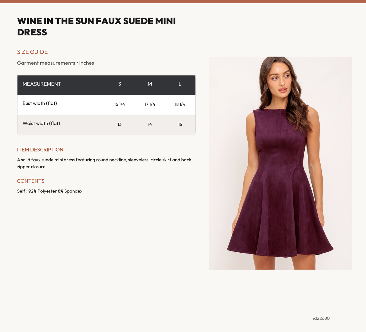 WINE IN THE SUN FAUX SUEDE MINI DRESS size chart