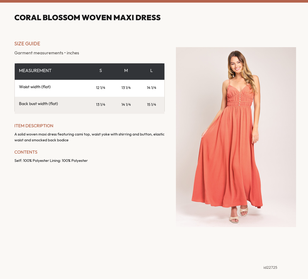 CORAL BLOSSOM WOVEN MAXI DRESS size chart