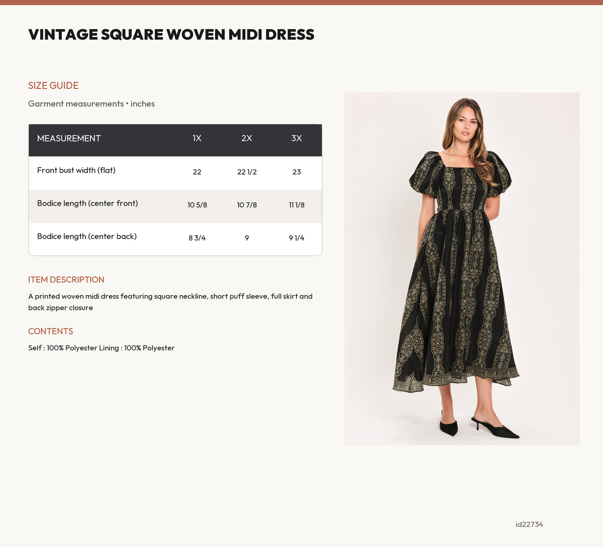 VINTAGE SQUARE WOVEN MIDI DRESS size chart