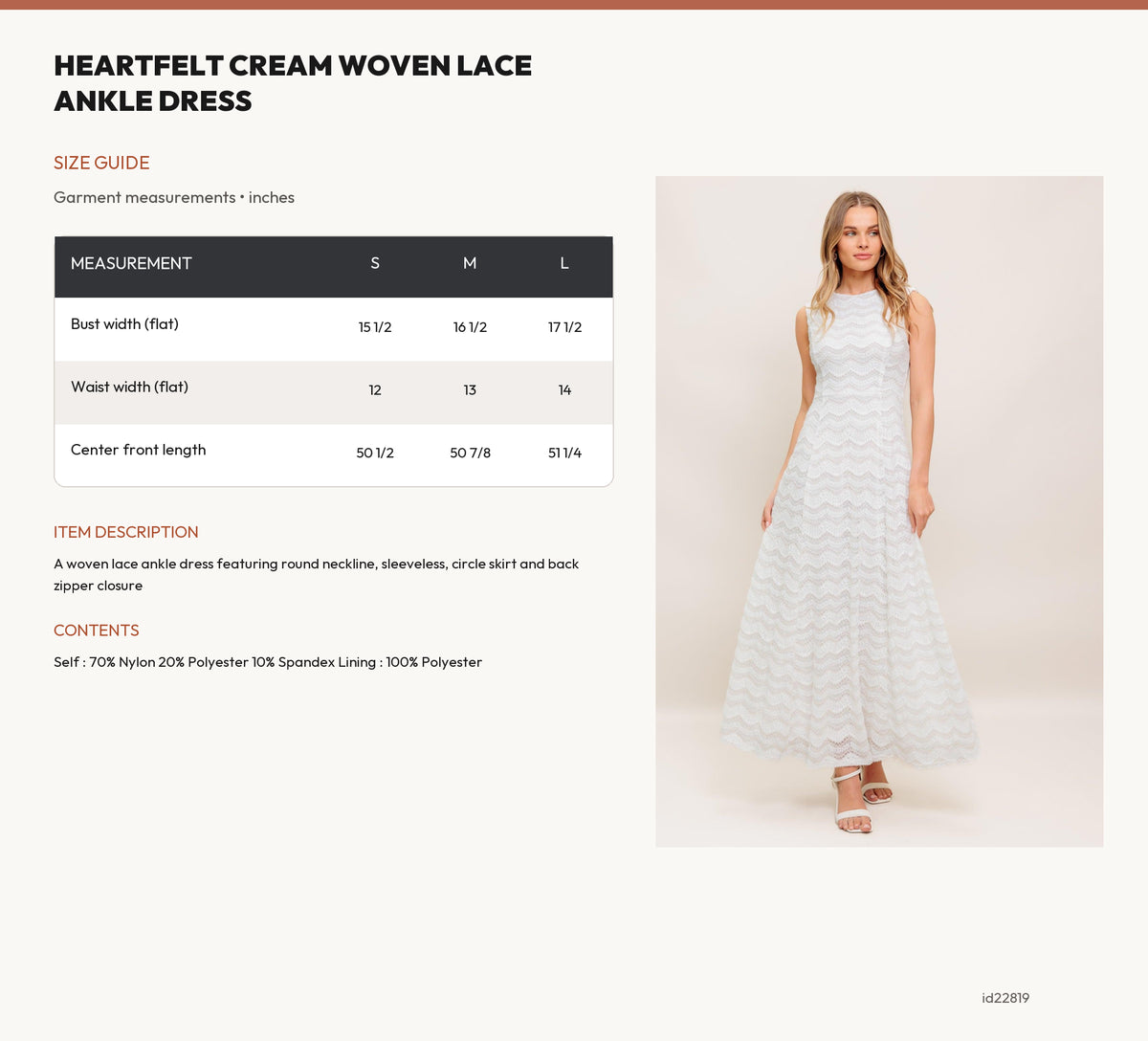 HEARTFELT CREAM WOVEN LACE ANKLE DRESS size chart