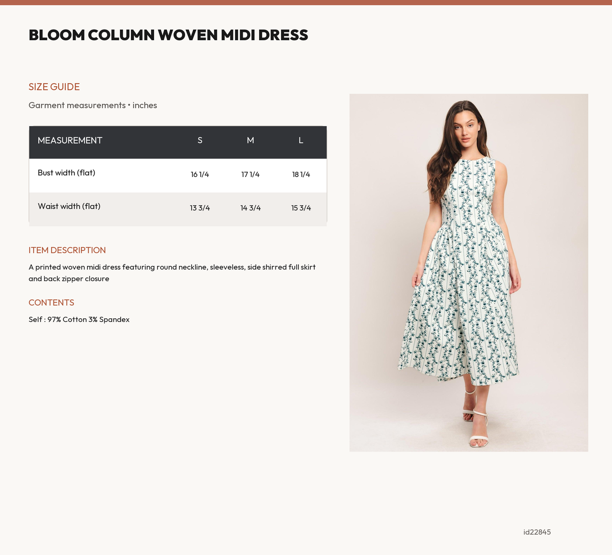 BLOOM COLUMN WOVEN MIDI DRESS size chart