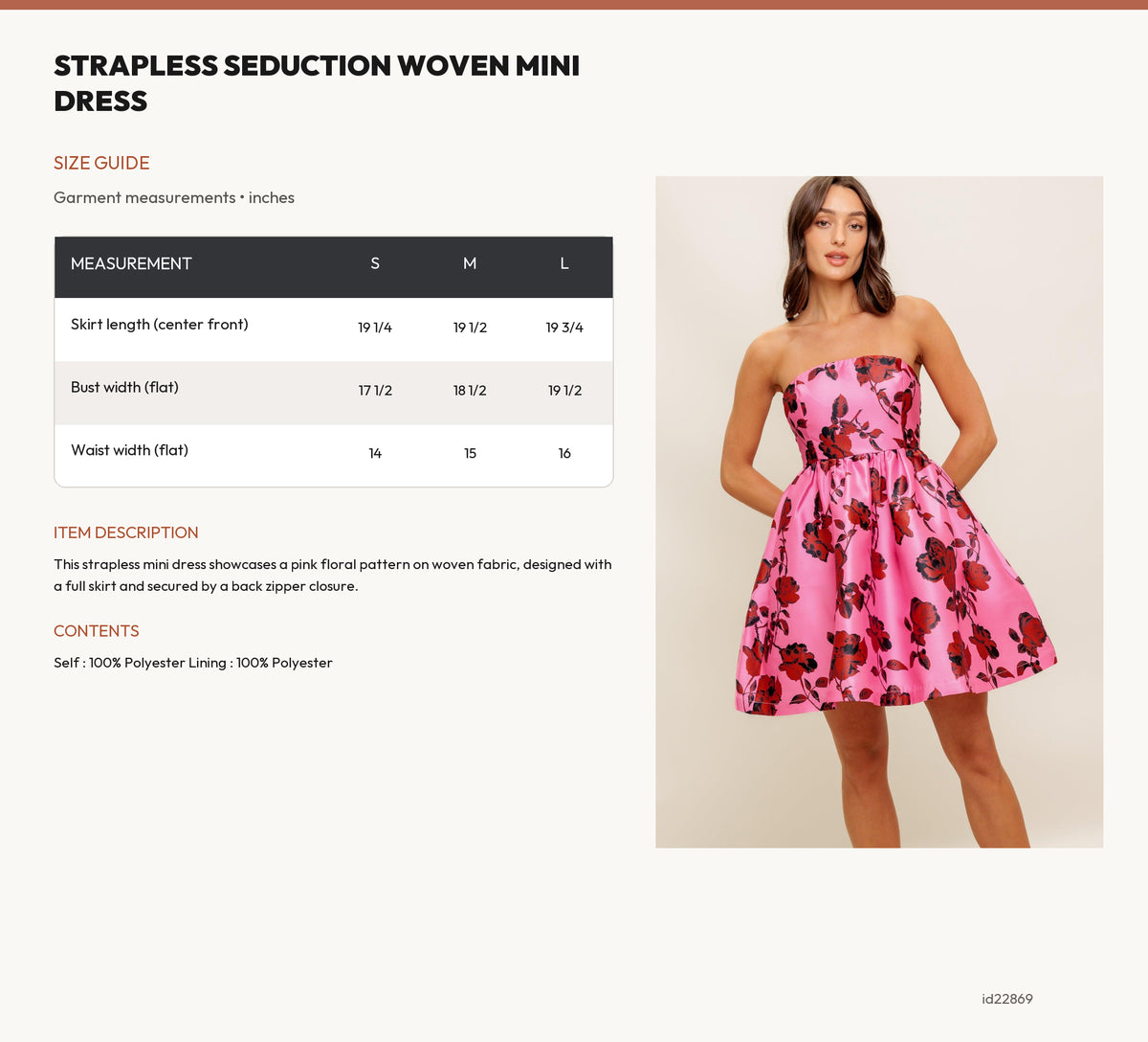 STRAPLESS SEDUCTION WOVEN MINI DRESS size chart