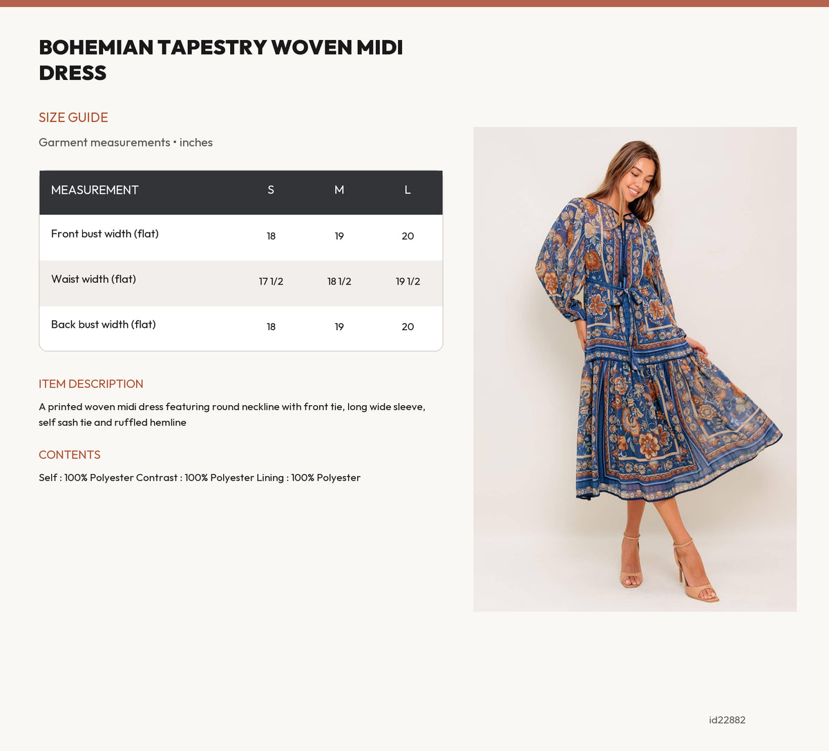 BOHEMIAN TAPESTRY WOVEN MIDI DRESS size chart